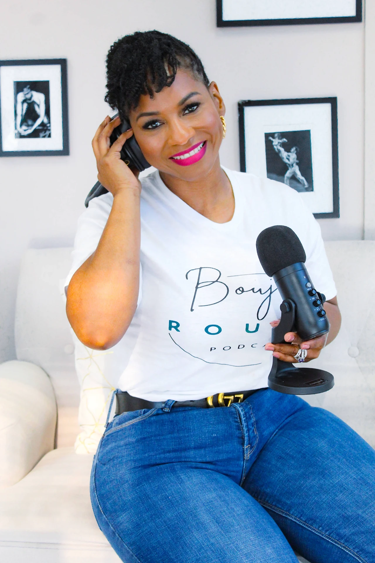 Branding session photograph of a podcast host with microphone