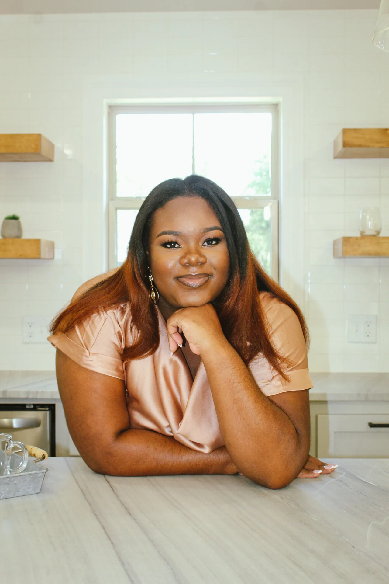 Branding session photograph in a bright kitchen